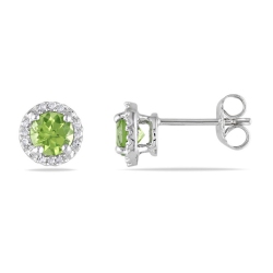 GEM AND HARMONY 1.12 Carat (Ctw) Peridot Halo Earrings In Sterling With Accent Diamonds In Silver