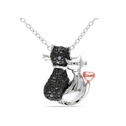GEM AND HARMONY Accent Diamond Cat Love Charm Pendant Necklace In Sterling Silver With Chain In Black