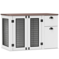 PAWHUT Dog Crate Furniture, 44" Dog Kennel Furniture With Double Doors, Storage, Drawer, Dog Cage for Medium Dogs In White