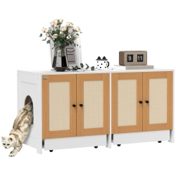 PAWHUT Cat Litter Box Enclosure, Hidden Litter Box Furniture With Pull-Out Tray, Indoor Cat Washroom With 2 Storage Cabinet, Scratching Mat, Oak