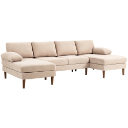 HOMCOM Sectional Sofa, 4 Seater Corner Sofa \w Double Chaise Lounge, Modern U Shape Couch \w Wooden Legs And Arms, Fabric Sofa for Living Room