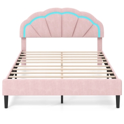 COSTWAY Queen Size Upholstered Led Bed Frame Soft Velvet Platform Bed With Flower Headboard