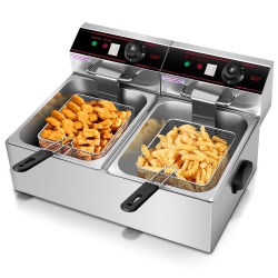 COSTWAY Commercial Deep Fryer, 3400W Electric Countertop Fryer \w Dual Large Tanks, 2 Baskets & 2 Lids, Stainless Steel Hot Oil Cooker \w Adjustable