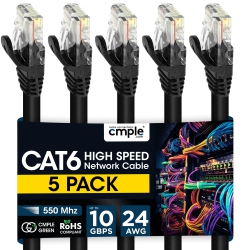 CMPLE - 5 Pack Cat6 Ethernet Cable, High Speed 7 Ft Cat6 Internet Network Cable, Ethernet Patch Cables, Computer LAN Cable \w Snagless Rj45