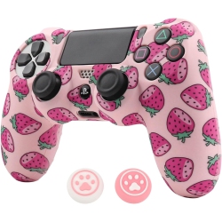 NONE Controller Skins for Ps4, Silicone Controller Cover Skin Protector Compatible /ps4 Slim/ps4 Pro Controller \w 2 Cute Thumb Grips Caps, Strawberry