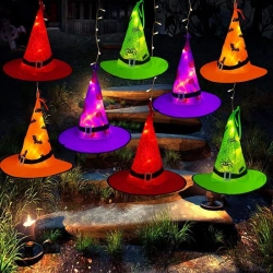 GENER Halloween Lighted Witch Hats - 8PCs Hanging Glowing Witch Hats, 44Ft Outdoor String Lights \w 8 Lighting Modes for Garden, Yard, And Tree Decor