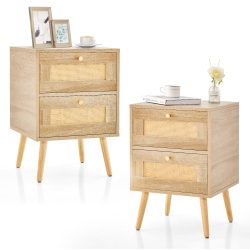COSTWAY 2 PCs Rattan Nightstand Boho Accent Bedside Table With 2 Storage Drawers Natural
