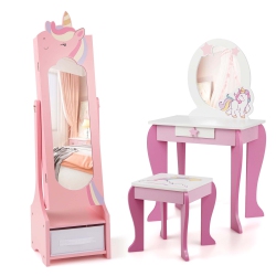 COSTWAY Kids Vanity Set Princess Makeup Dressing Table & Chair Set With Kids Jewelry Armoire