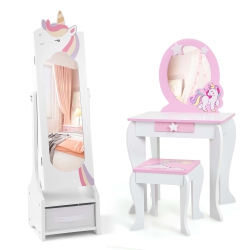COSTWAY Kids Vanity Set Princess Makeup Dressing Table & Chair Set With Kids Jewelry Armoire