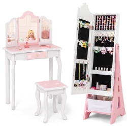 COSTWAY Kids Vanity Set Princess Makeup Dressing Table & Chair Set With Jewelry Armoire