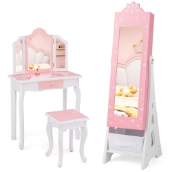COSTWAY Kids Vanity Set Princess Makeup Dressing Table & Chair Set With Jewelry Armoire