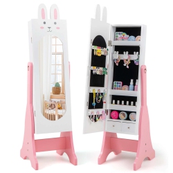 COSTWAY Kids Jewelry Cabinet Standing Children Jewelry Organizer With Full-Length Mirror