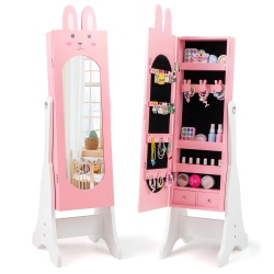 COSTWAY Kids Jewelry Cabinet Standing Children Jewelry Organizer With Full-Length Mirror