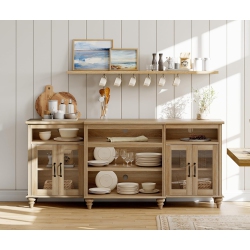 WAMPAT Wamapt Buffet Cabinet \w 4 Glass Doors, Large Coffee Bar Tables Wood Kitchen Storage Cabinets \w 9 Storages, Modern Farmhouse Sideboard
