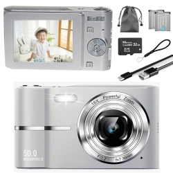 MAKATA Compact HD Digital Camera (Silver) 50Mp 16X Zoom HD 1080P Point And Shoot Camera 32GB Memory Card, Fun Camera for Boys Girls Kids Students