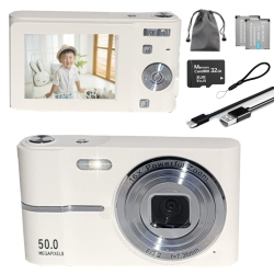 MAKATA Compact HD Digital Camera (White) 50Mp 16X Zoom HD 1080P Point And Shoot Camera 32GB Memory Card, Fun Camera for Boys Girls Kids Students