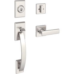 WEISER Satin Nickel Front Door Lock And Handle Set, Tavaris Deadbolt Lock And Handleset With Reversible Breton Interior Door Handle