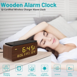NONE Wooden Digital Alarm Clock With Wireless Charging, Adjustable Brightness Dimmer And Alarm Volume, Wood Led Clock for Bedroom, Brown