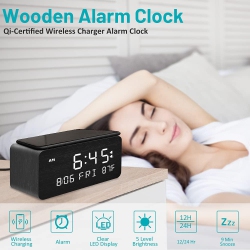 NONE Wooden Digital Alarm Clock With Wireless Charging, Adjustable Brightness Dimmer And Alarm Volume, Wood Led Clock for Bedroom, Black
