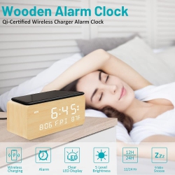 NONE Wooden Digital Alarm Clock With Wireless Charging, Adjustable Brightness Dimmer And Alarm Volume, Wood Led Clock for Bedroom, Bamboo