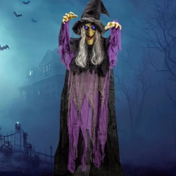 GENER 72” Hanging Flying Witch Animatronic – Talking, Sound-Activated With Light-Up Eyes, Halloween Decor for Indoor & Outdoor
