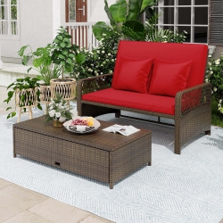 COSTWAY Patio Rattan Daybed Wicker Loveseat Sofa With Multifunctional Ottoman