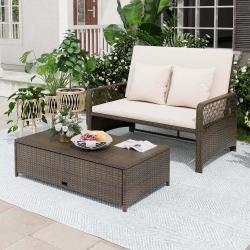 COSTWAY Patio Rattan Daybed Wicker Loveseat Sofa With Multifunctional Ottoman
