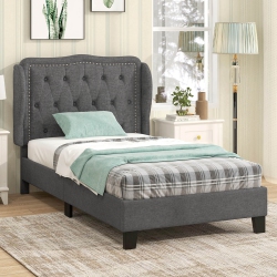 COSTWAY Twin Size Bed Frame With Button Tufted Wingback Headboard Wooden Slats Support