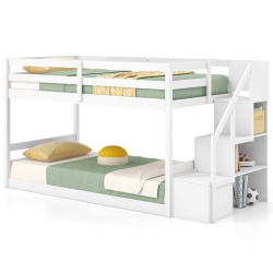 COSTWAY Twin Over Twin Low Bunk Bed Solid Wood Floor Bunk Bed Frame With Storage Stairs White/gray