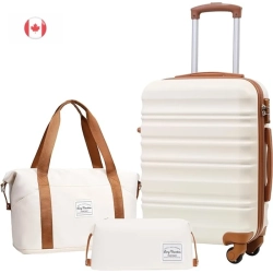 GENER 3-Piece Abs Hardshell Luggage Set With Tsa Lock & Spinner Wheels - 20" Carry-On Suitcase (White-Brown)