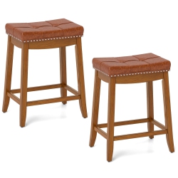 COSTWAY Saddle Bar Stools Set Of 2 With Pu Leather Seat Solid Rubber Wood Frame Footrest