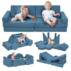 QABA 12-Piece Modular Kids Play Couch Building Fort for Playroom Bedroom, Convertible Kids Sofa Foam And Floor Cushion, Boys And Girls In Blue