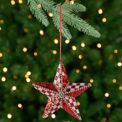 NORTHLIGHT Sequined And Checke Star Christmas Ornament - 6" - And White In Red