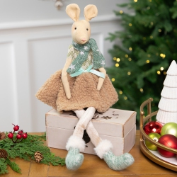 NORTHLIGHT Sitting Girl Mouse In Plush Dress With Dangling Legs Christmas Figure - 18