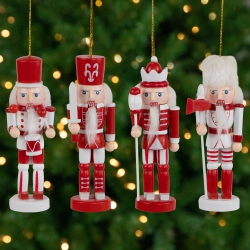 NORTHLIGHT Nutcracker Soldiers Wooden Christmas Ornaments - 5" - And White - Set Of 4 In Red