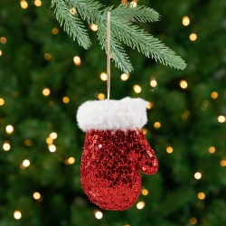 NORTHLIGHT Sequined Winter Mitten With Plush Trim Christmas Ornament - 6" - In Red