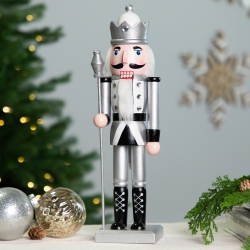 NORTHLIGHT Jeweled Christmas Nutcracker Figure - 14" - Silver And In Black