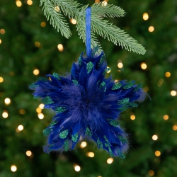 NORTHLIGHT Plush Glittery Peacock Feather Star Shaped Christmas Ornament - 9" - In Blue