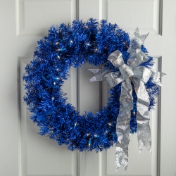 NORTHLIGHT Pre-Lit Artificial Tinsel Christmas Wreath - 24" - - Clear Lights In Blue