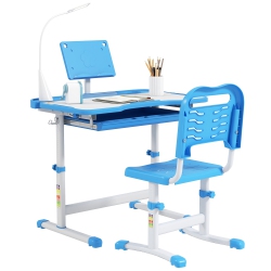 QABA Kids Desk And Chair Set Height Adjustable Student Writing Desk Children School Study Table \w Tilt Desktop, Led Lamp, Pen Box, Drawer, Reading