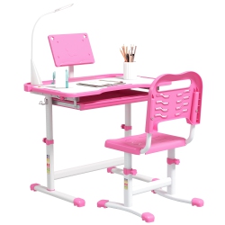 QABA Kids Desk And Chair Set Height Adjustable Student Writing Desk Children School Study Table \w Tilt Desktop, Led Lamp, Pen Box, Drawer, Reading
