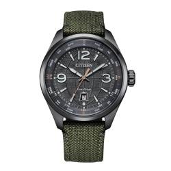 Citizen Mens Sport Casual Eco-Drive Watch 42.5mm Grey Stainless Steel Case Green Nylon Strap with Grey Dial (AW1837-11H)