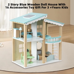 TOPTENG 2 Story Wooden Doll House With 16 Accessories Toy Gift for 3 +Years Kids In Blue