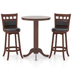 COSTWAY 3 PCs Wood Bar Dining Set Table With Pedestal Base & 2 Upholstered Swivel Stools