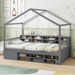 COSTWAY Twin Size House Bed Wooden Platform Bed Frame With Roof & 14 Storage Cubes