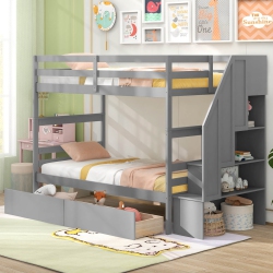 COSTWAY Twin Over Twin Bunk Bed With Storage Stairs & Drawers Full-Length Guardrails