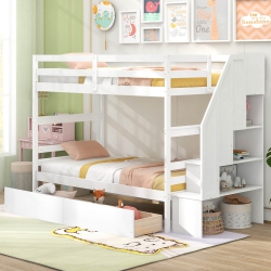 COSTWAY Twin Over Twin Bunk Bed With Storage Stairs & Drawers Full-Length Guardrails