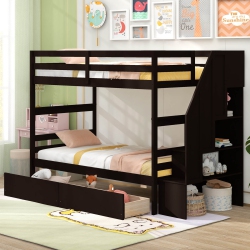 COSTWAY Twin Over Twin Bunk Bed With Storage Stairs & Drawers Full-Length Guardrails