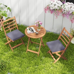 COSTWAY 3 PCs Acacia Wood Patio Bistro Set Folding Outdoor Table And Chairs With Cushions