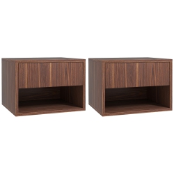HOMCOM Floating Nightstand Set Of 2, Wall Mounted Bedside Table With Drawer And Shelf, End Table for Bedroom In Brown
